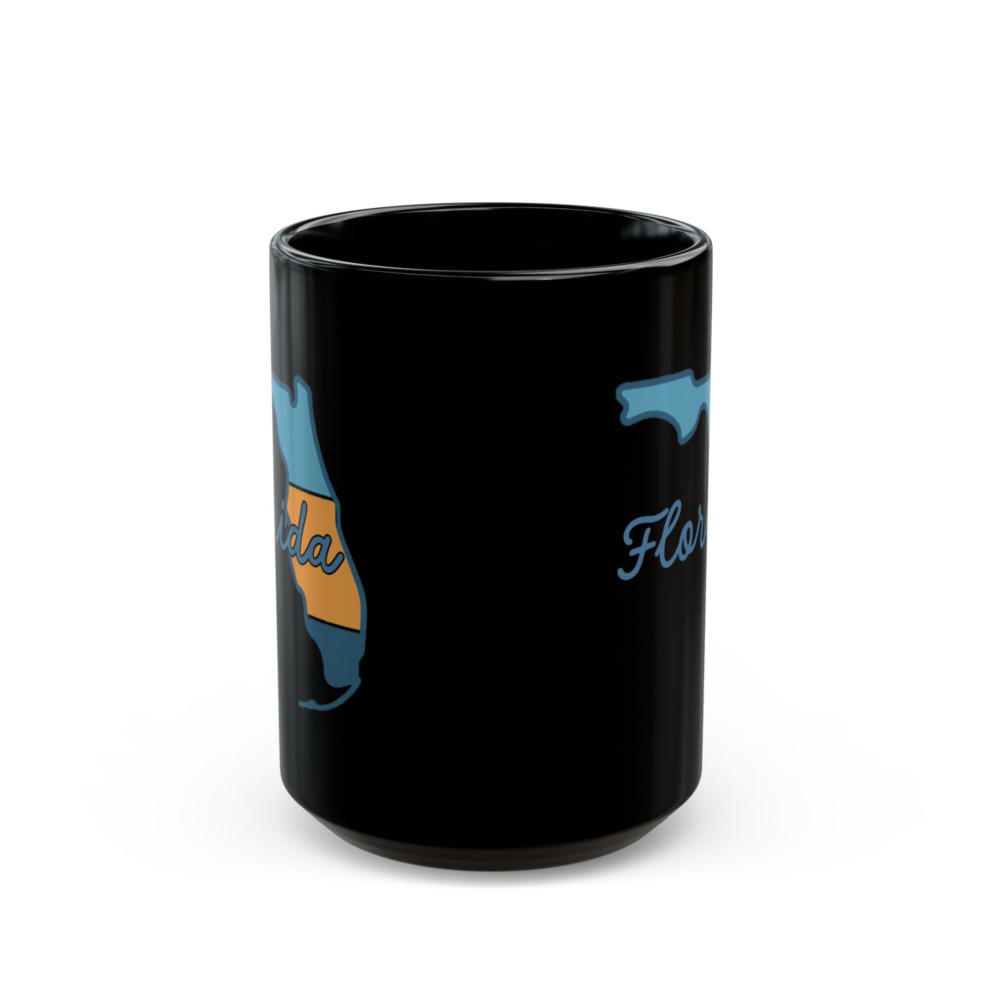 Black mug with Florida outline and "Florida" text in cursive.
