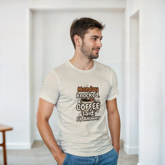 Monday Knocked, Coffee Answered on a Heavyweight T on a Shirt