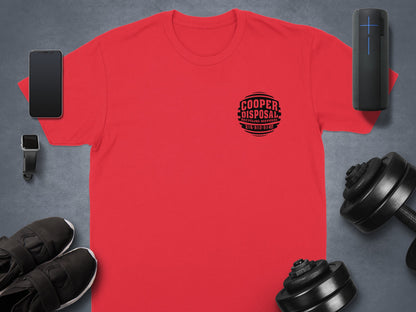 Red t-shirt with "Cooper Disposal" logo and phone, watch, headphones, and dumbbells.