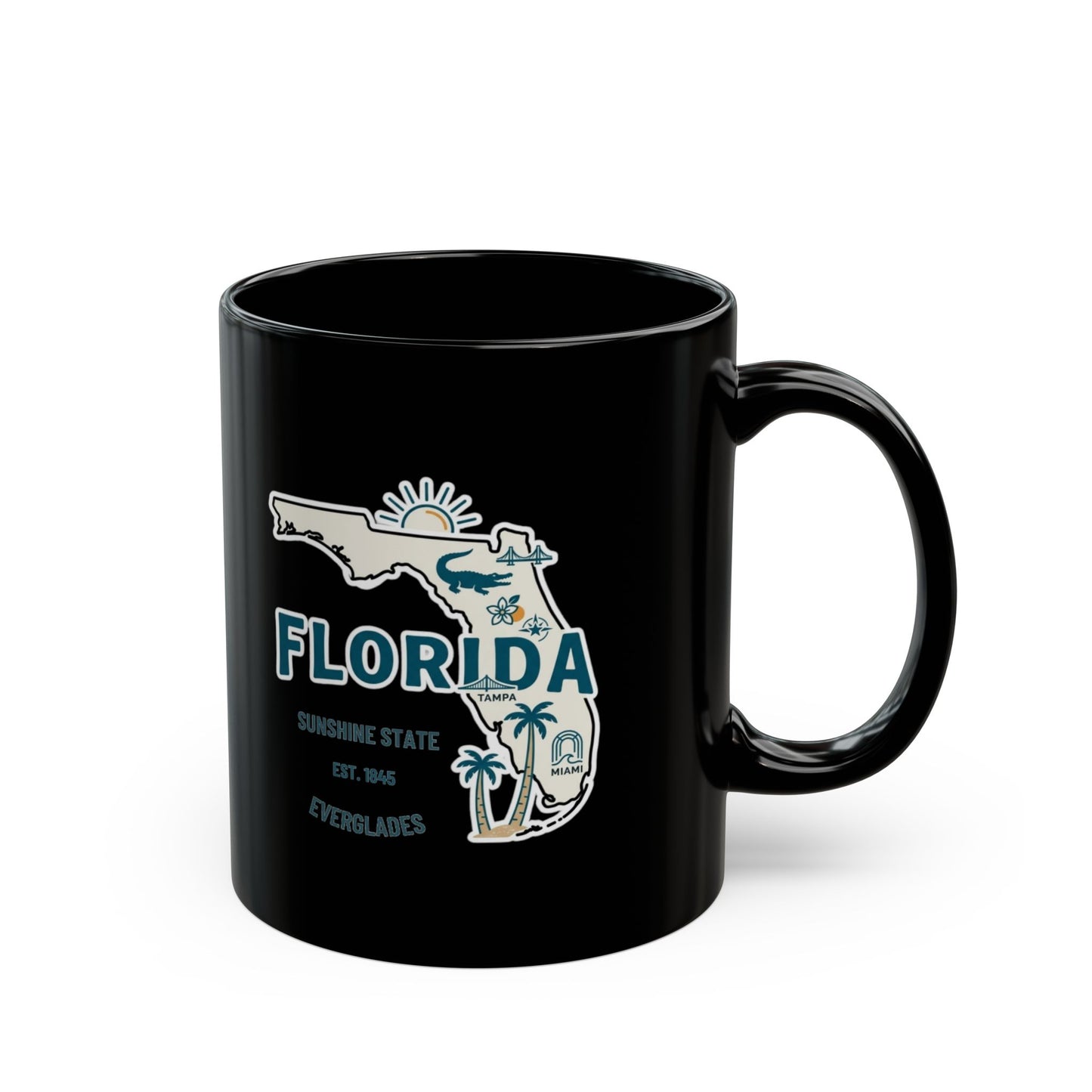 Black mug with Florida outline graphic and "Florida" text.
