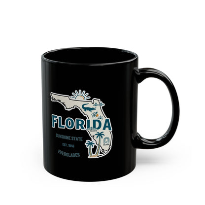 Black mug with Florida outline graphic and "Florida" text.