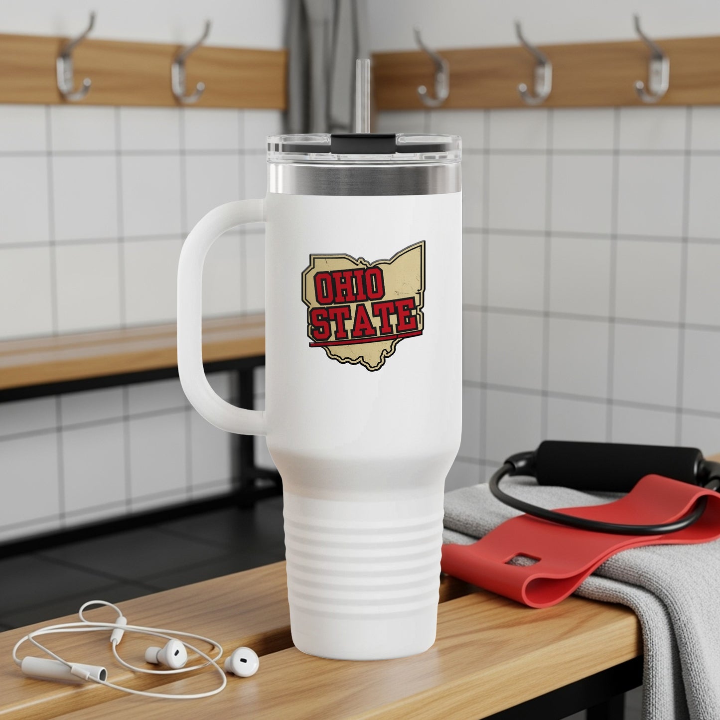 White tumbler with "Ohio State" logo, featuring a sturdy handle and straw.
