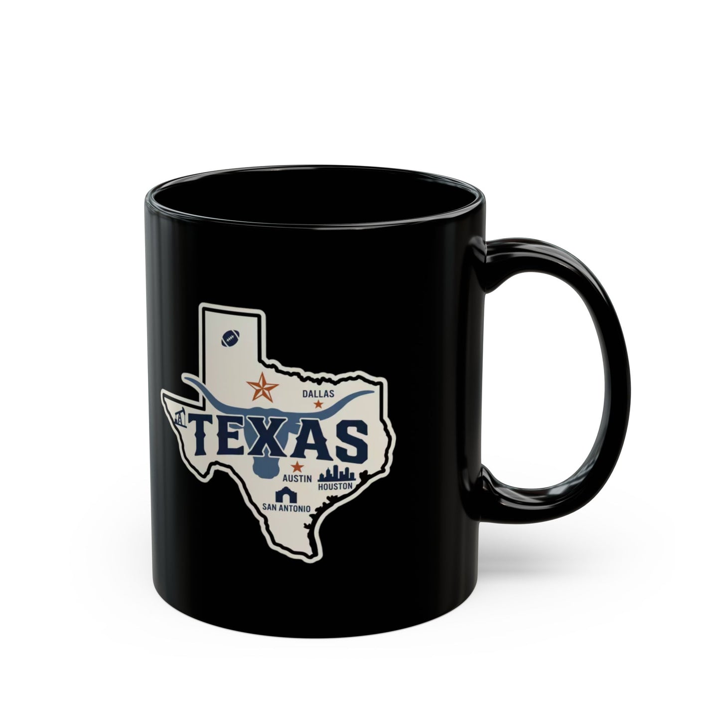 Black mug with Texas Lone Star State graphic and lettering.
