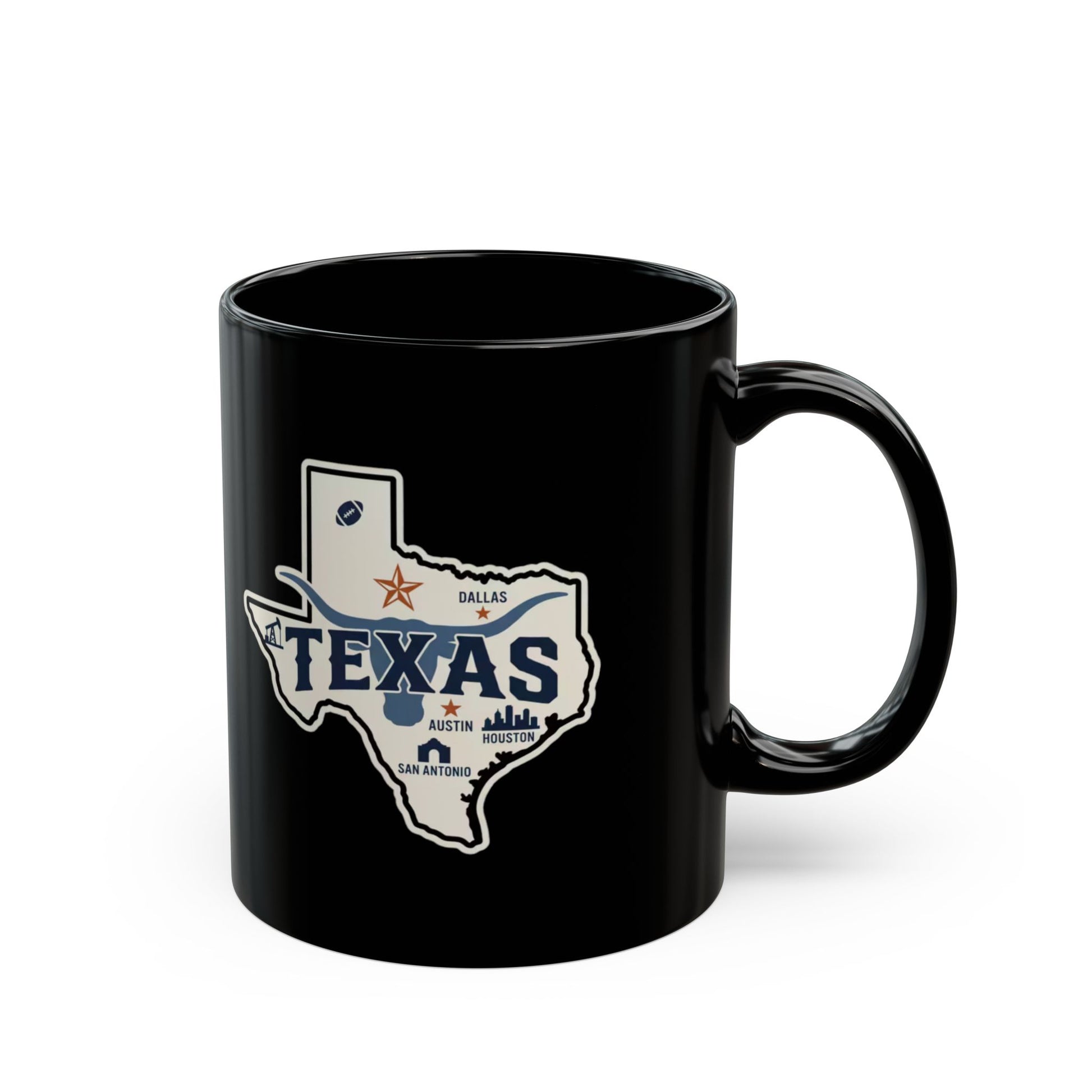 Black mug with Texas Lone Star State graphic and lettering.