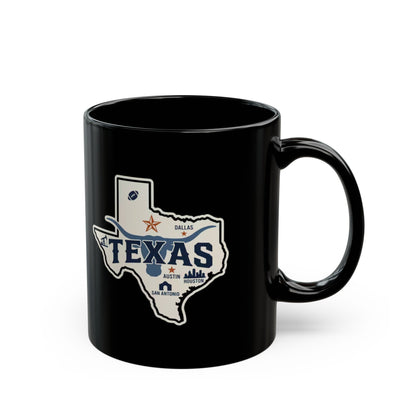Black mug with Texas Lone Star State graphic and lettering.