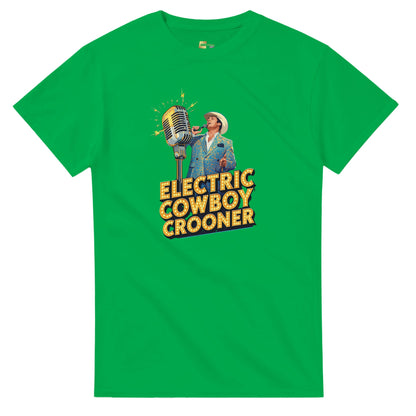 Person wearing a blue t-shirt with 'Electric Cowboy Crooner' design in a mall setting