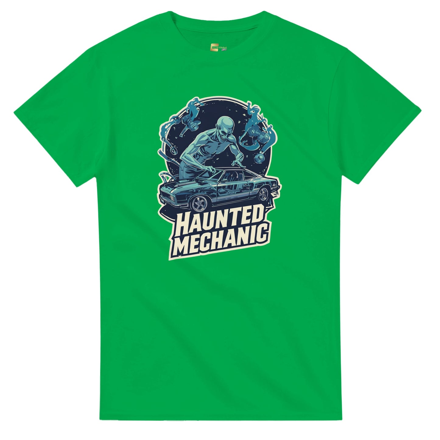 Haunted Mechanic graphic design on a Heavyweight T-shirt