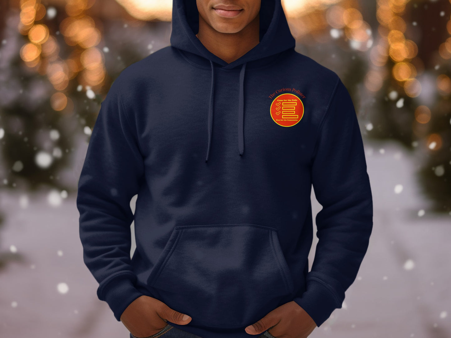 Navy blue hoodie with a circular red and yellow logo featuring text and checkmarks.