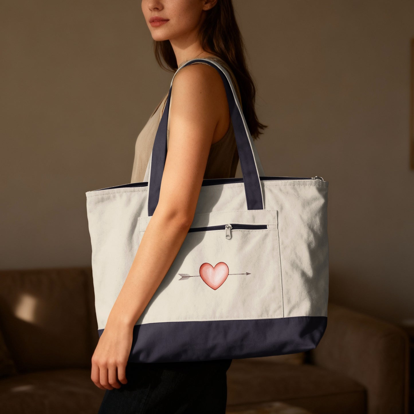 Large White Tote Bag with Heart and Arrow Design