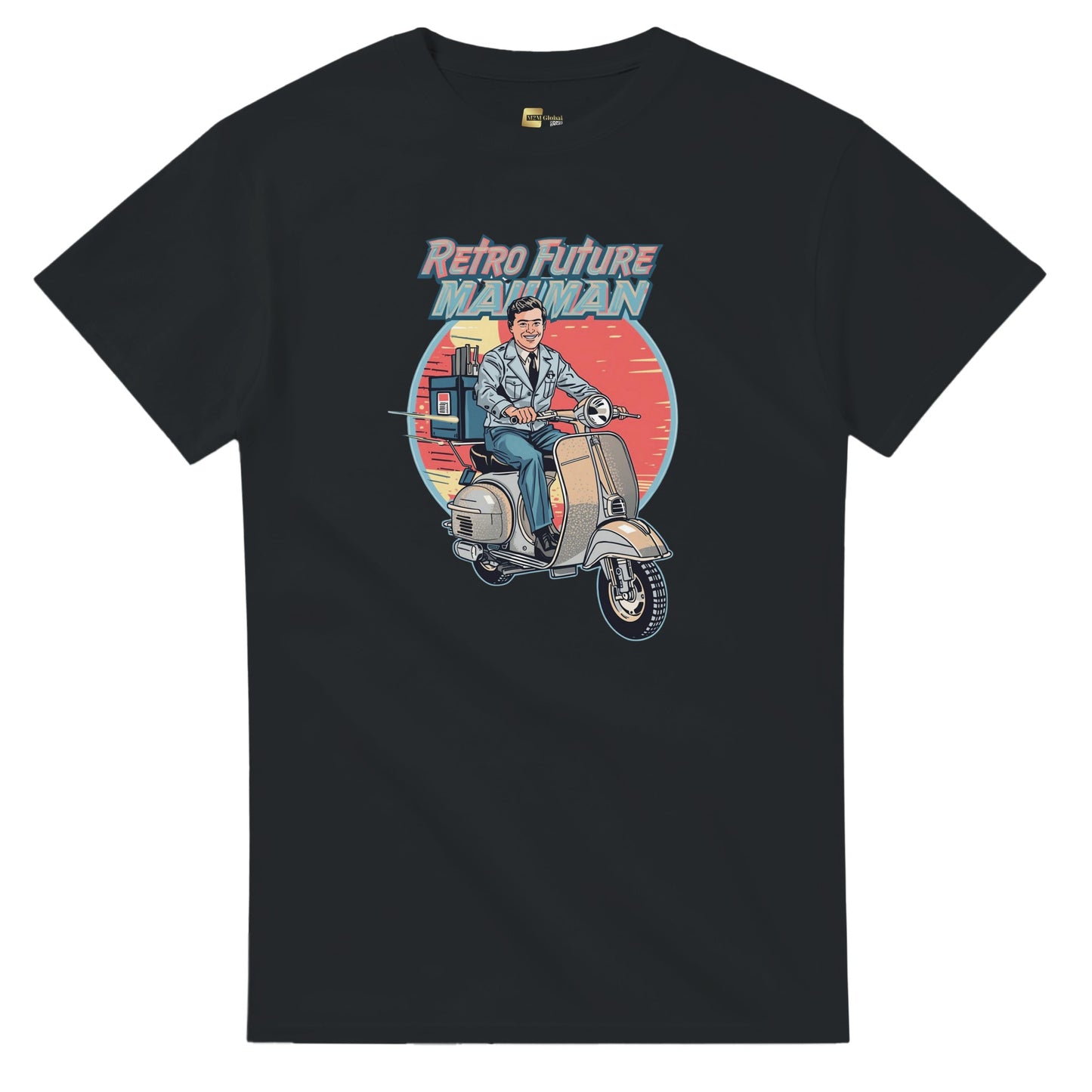 Man wearing a t-shirt with a retro design of a man on a scooter.