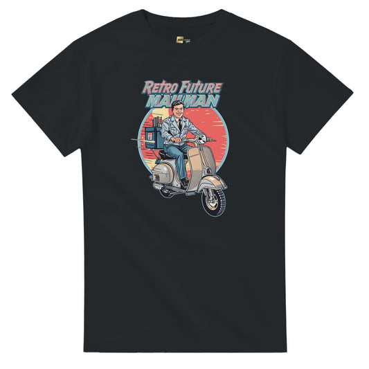 Man wearing a t-shirt with a retro design of a man on a scooter.