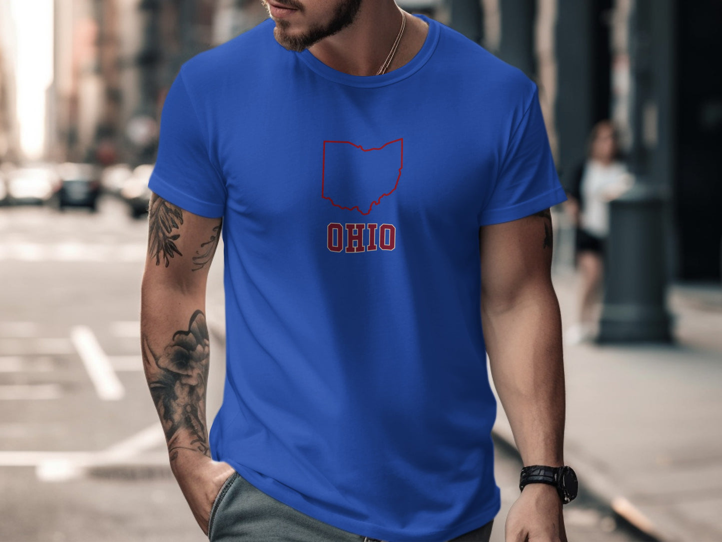 Blue t-shirt with a red outline of Ohio and the word OHIO.