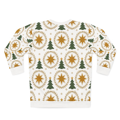 White Christmas sweater with green trees and gold stars in a repeating pattern.