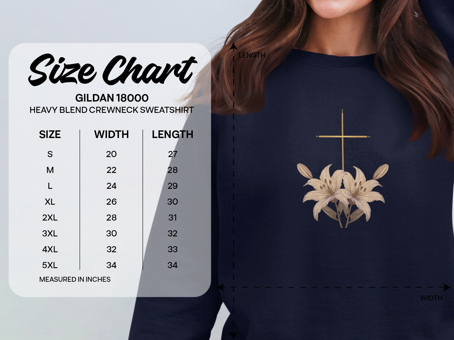Gildan 18000 sweatshirt size chart with floral cross graphic.