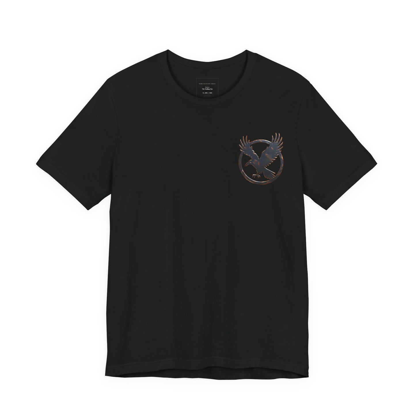 Black t-shirt with a circular raven logo on the left chest.