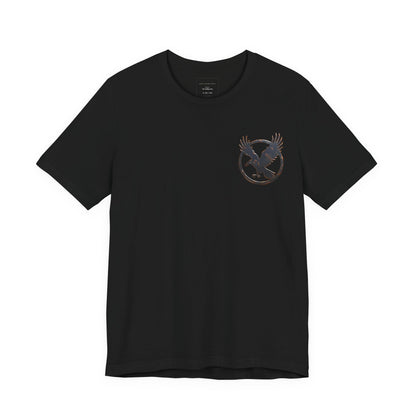 Black t-shirt with a circular raven logo on the left chest.