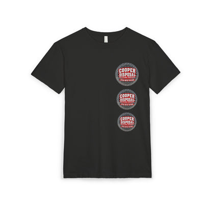 Black t-shirt with three circular "Cooper Disposal 216-812-5140" logos.