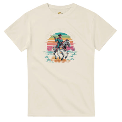 Retro-Futuristic Cowboy graphic design on a Heavyweight T-shirt