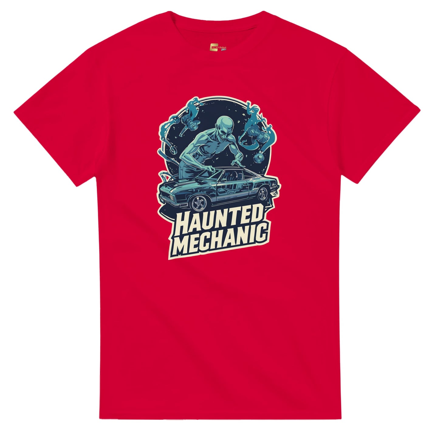 Haunted Mechanic graphic design on a Heavyweight T-shirt