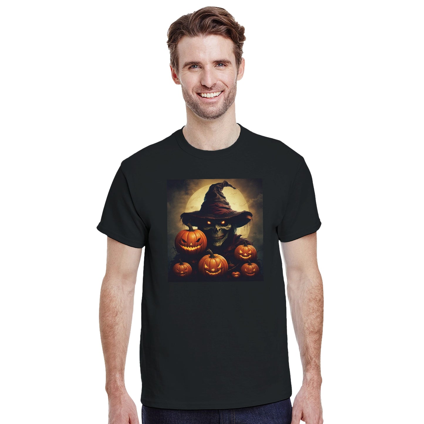 Spooky Skull Wizard & Jack-o'-Lanterns on a Heavyweight T-shirt