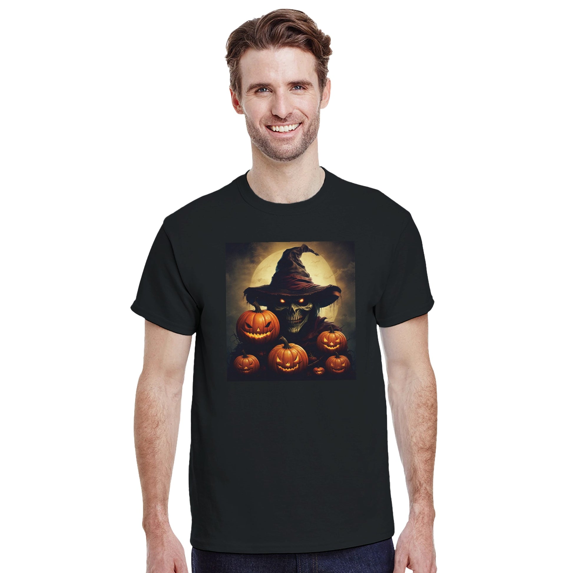 Spooky Skull Wizard & Jack-o'-Lanterns on a Heavyweight T-shirt