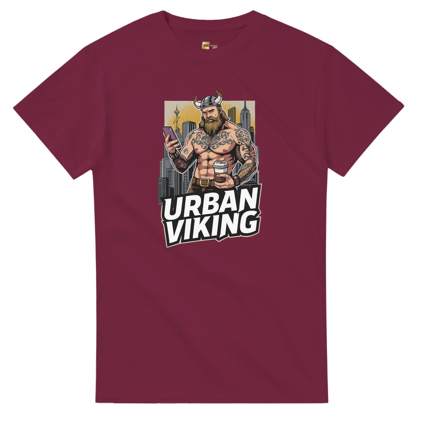 Person wearing a gray t-shirt with 'Urban Viking' graphic design in an indoor setting