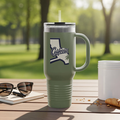 Olive green tumbler with California outline and text.