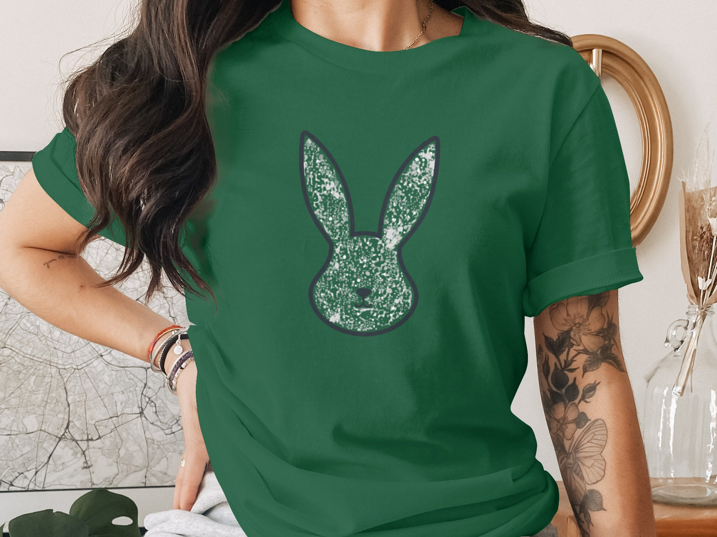 Forest Green Speckle Bunny Design T-Shirt product type
Green T-Shirt, Bunny Shirt, Rabbit Tee, Animal Graphic, Distressed Bunny, Speckled Design, Forest Green, Emerald Green, Casual Top, Women's Tee, Graphic T-Shirt, Easter Shirt, Spring Apparel, Cute Bunny, Animal Lover, Crewneck Tee, Short Sleeve, Trendy Shirt, Unique Design, Apparel Gift