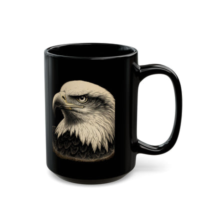 Black mug with a detailed illustration of a bald eagle's head.
