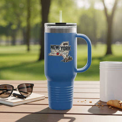 Tumbler with New York state outline graphic and city names.