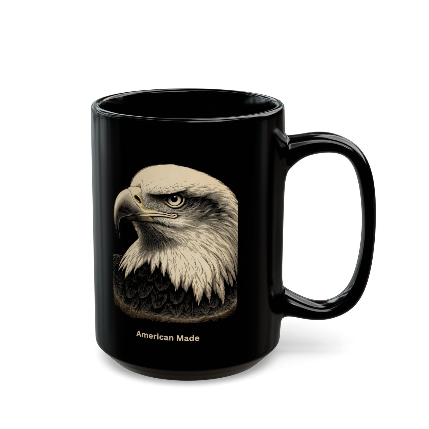 Black mug featuring a detailed illustration of an American bald eagle's head, with text "American Made".