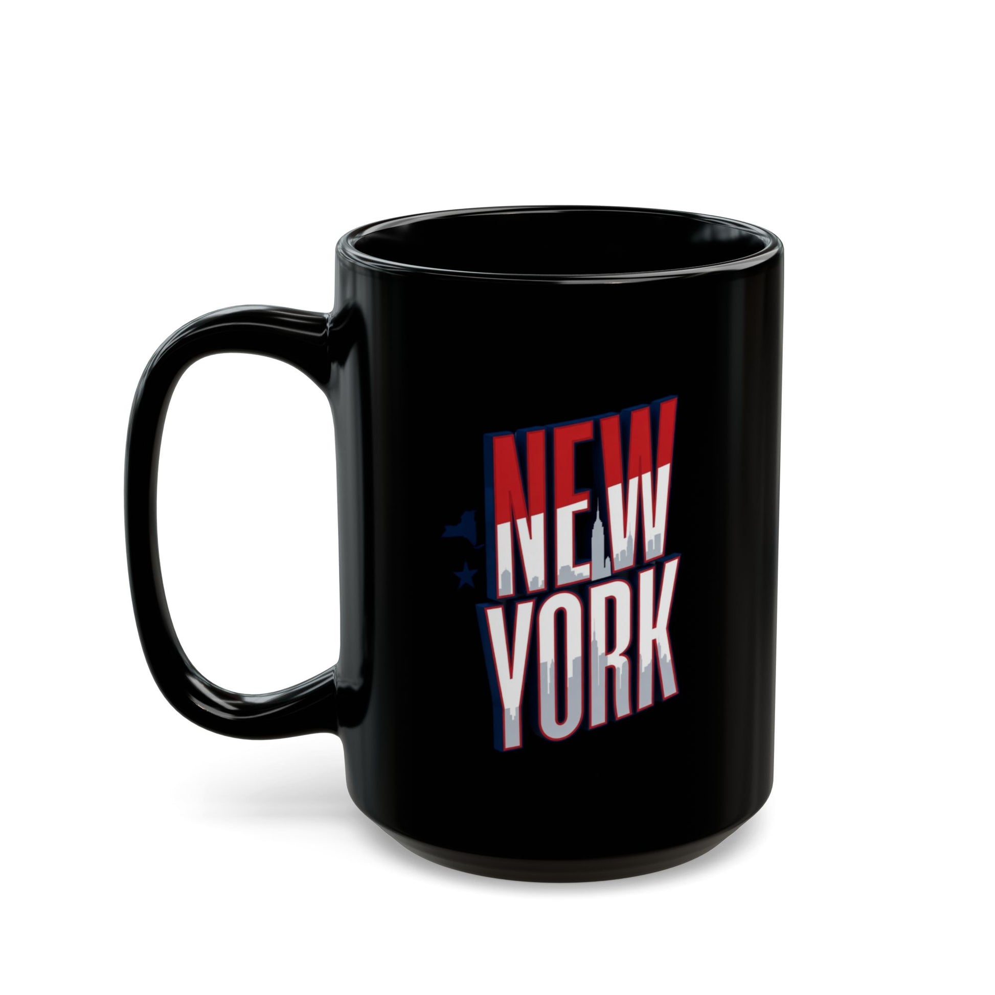 Black mug with "NEW YORK" text and New York City skyline graphic.