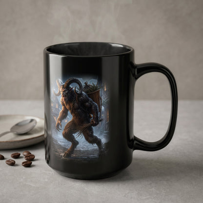 Black mug with Krampus illustration, carrying a basket and birch branches.