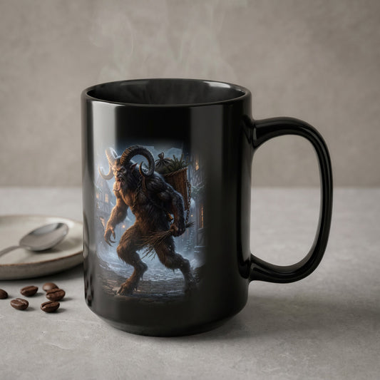 Black mug with Krampus illustration, carrying a basket and birch branches.