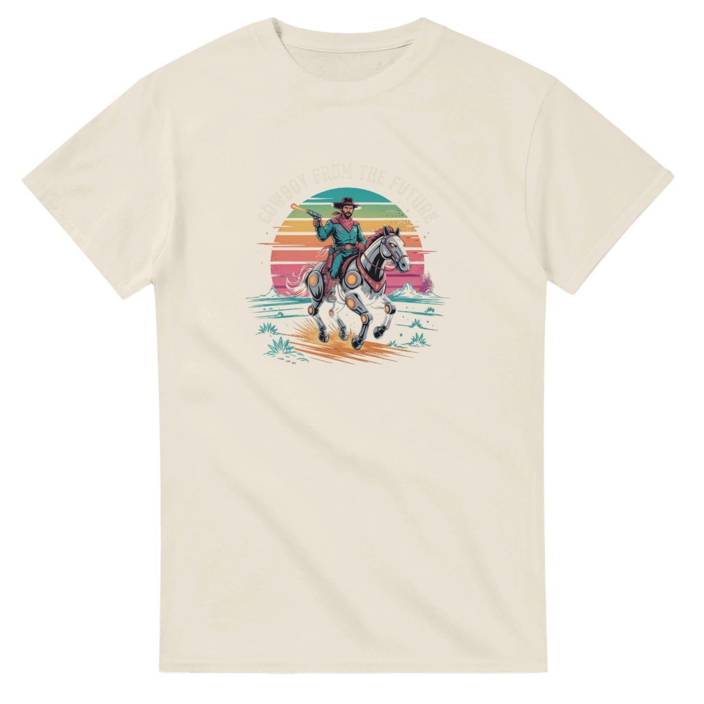 Retro-Futuristic Cowboy graphic design on a Heavyweight T-shirt