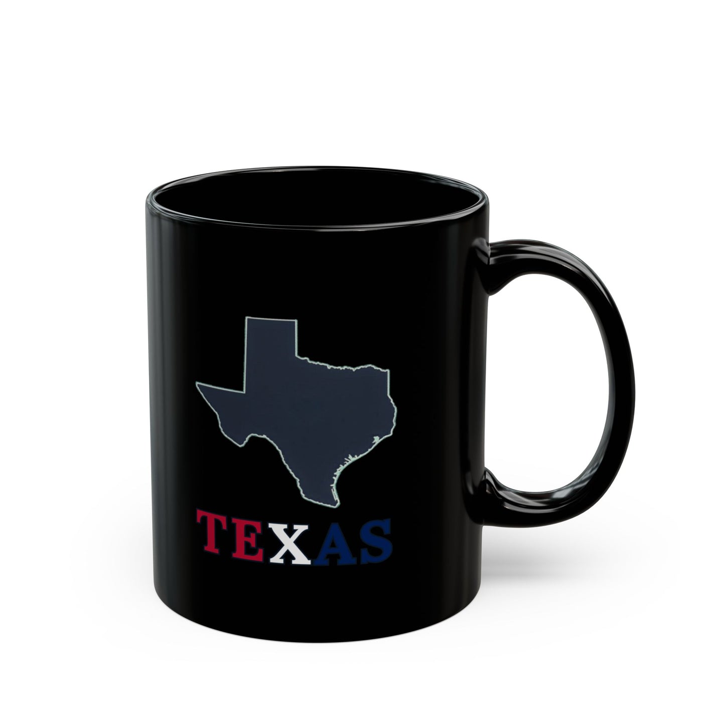 Black mug with Texas outline, "TEXAS" text, and flag colors.