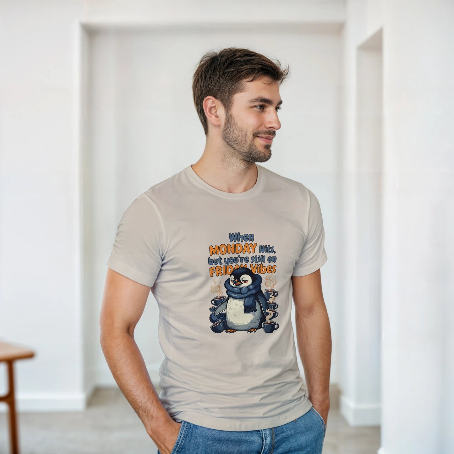 When MONDAY Hits, But You're Still On FRIDAY Vibes Penguin on a Heavyweight T on a shirt