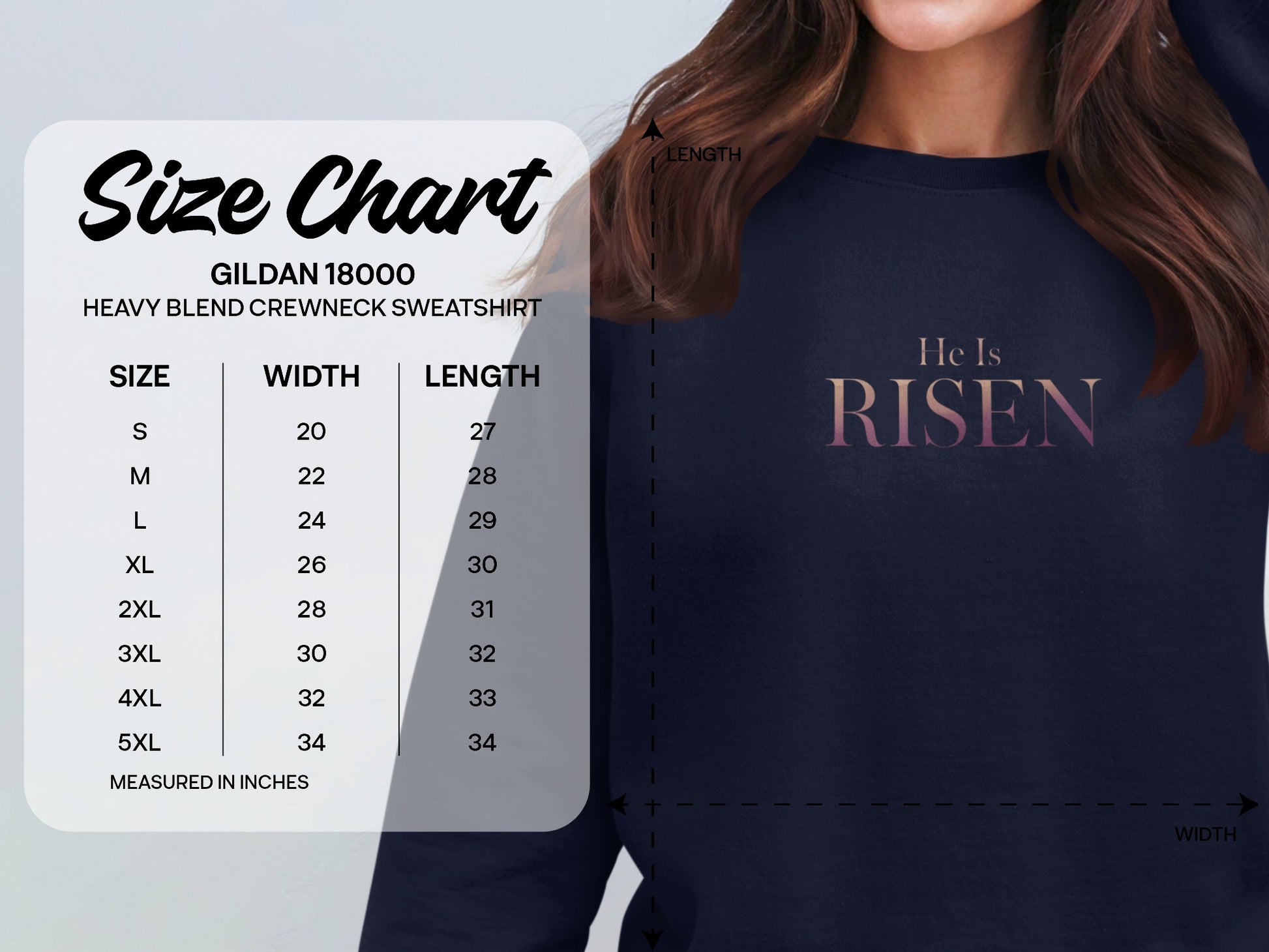 Gildan 18000 sweatshirt size chart with chest and length measurements.