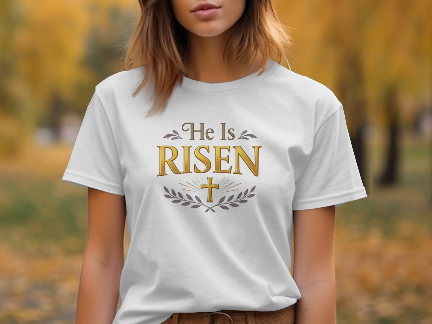 He Is Risen Gold Text Cross Branches product type