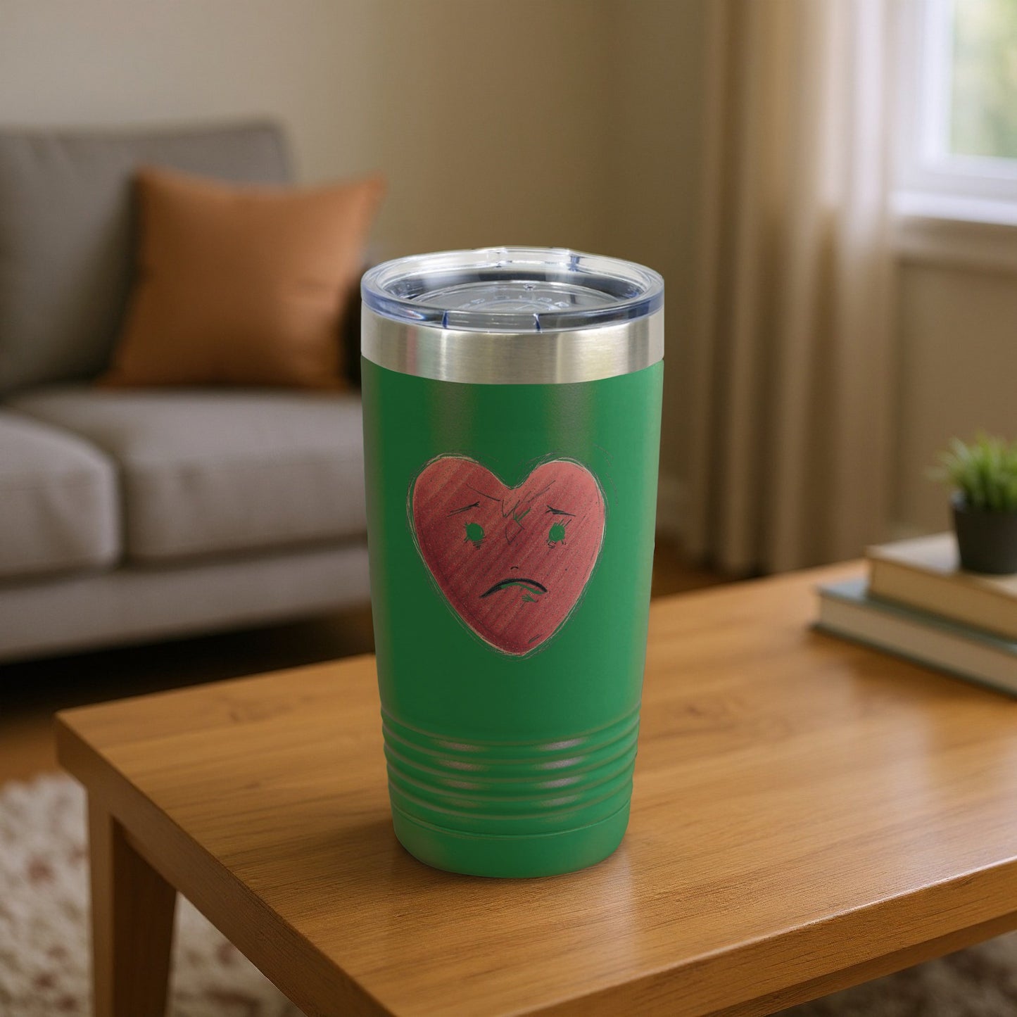 Green Tumbler with Sad Heart Face Design