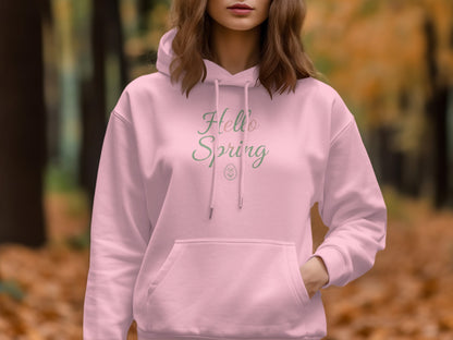 Pink Hoodie with Hello Spring Graphic Design Product