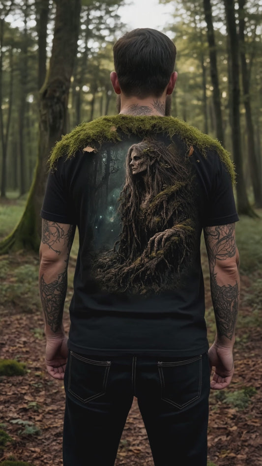 Man in the woods wearing a black t-shirt with a Forest Witch on the back.