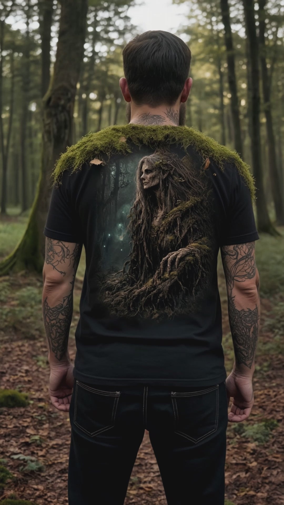 Man in the woods wearing a black t-shirt with a Forest Witch on the back.
