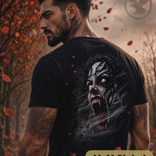 Short video clip of a man wearing the Dark Folklore Series Banshee design in the forest.
